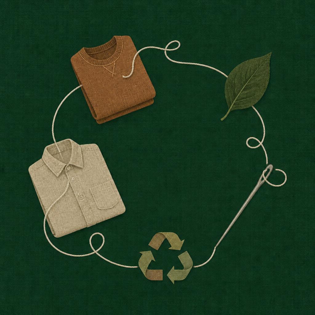 A single thread looping through garments, a leaf and a recycling symbol